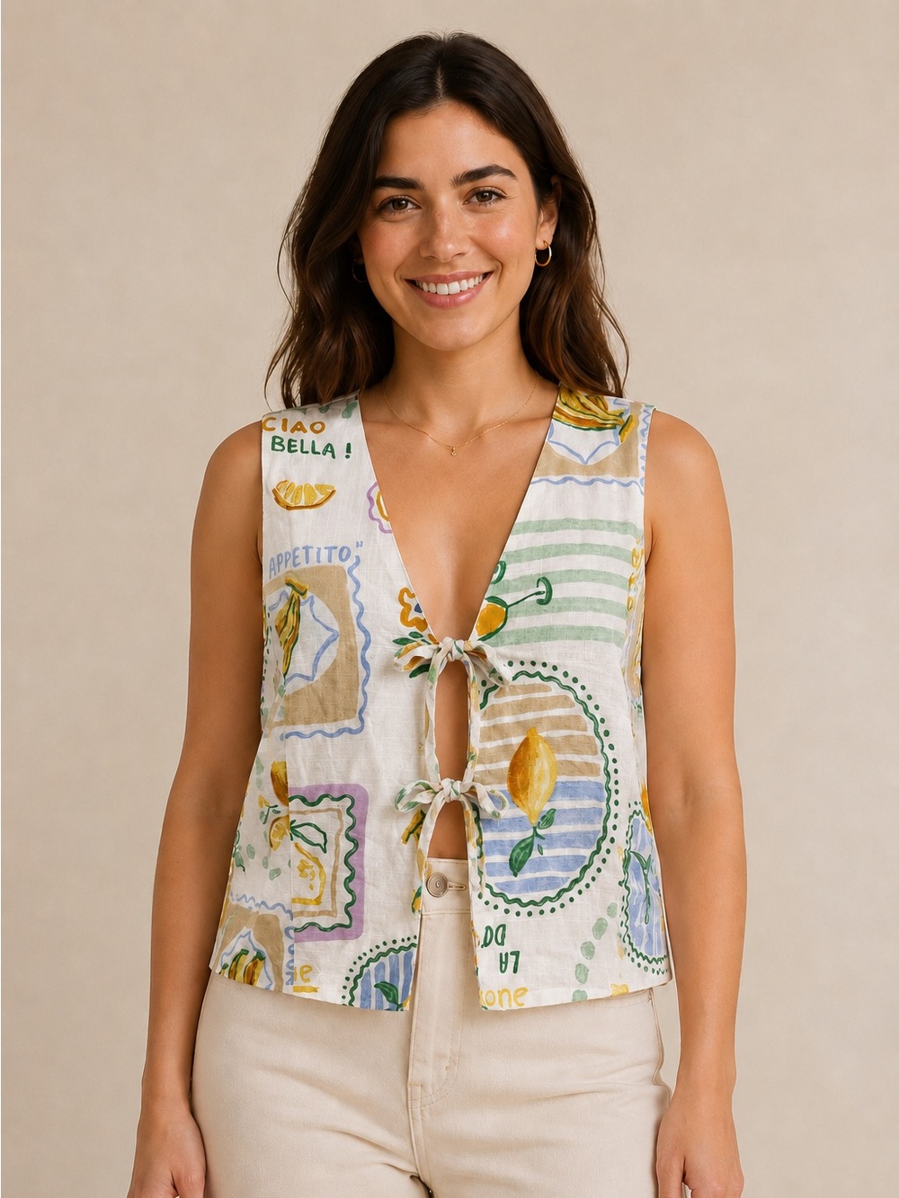 Sleeveless Tie-Front Lemon Print Linen Blend Top